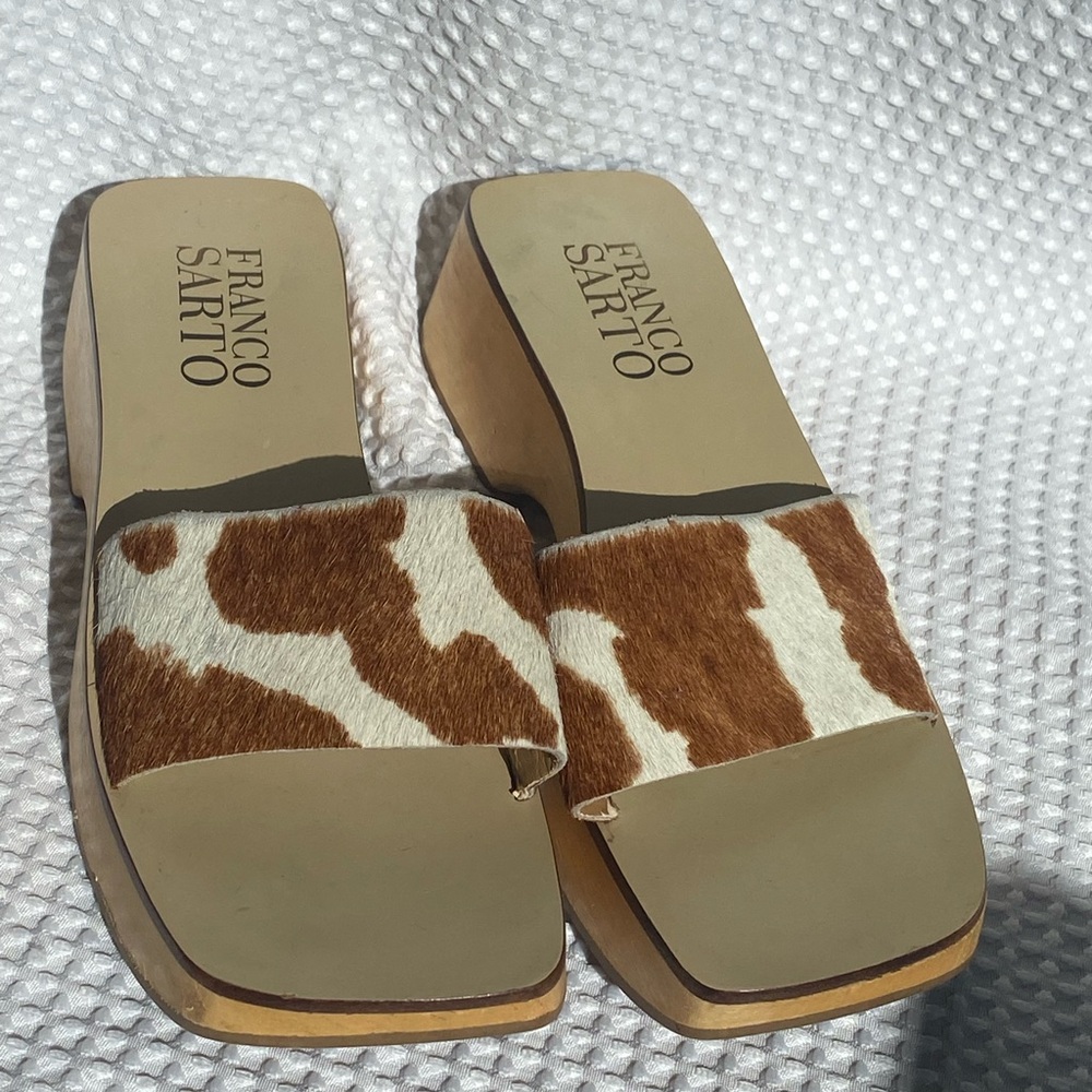 Franco Sarto Cow Fur Leather Women's Brown and Cream Slide wooden Sandals